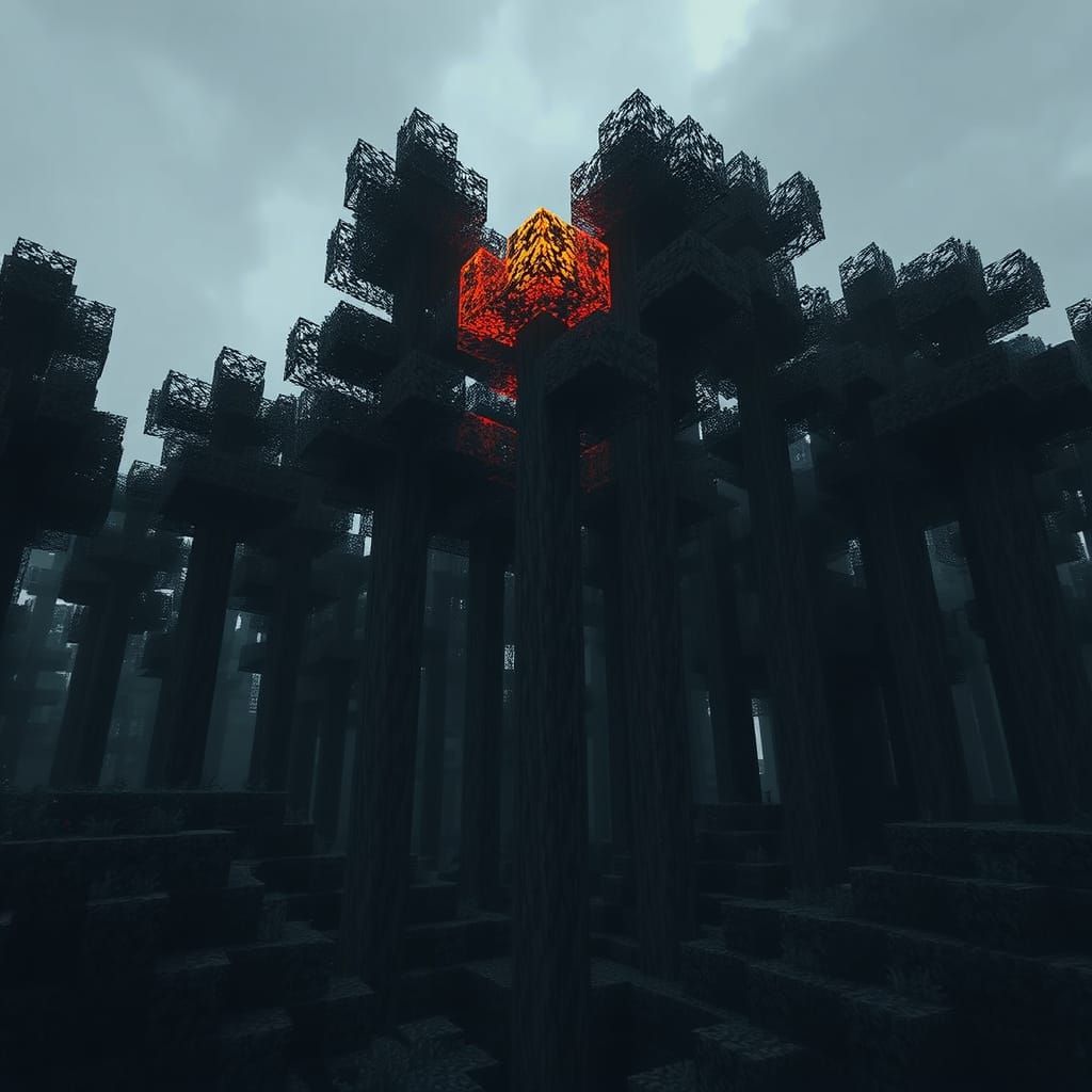 Eerie Dark Grey Minecraft Forest with Amber Accents