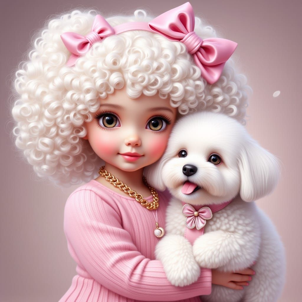 Cute Toddler and Puppy Adorned with Pink Bows