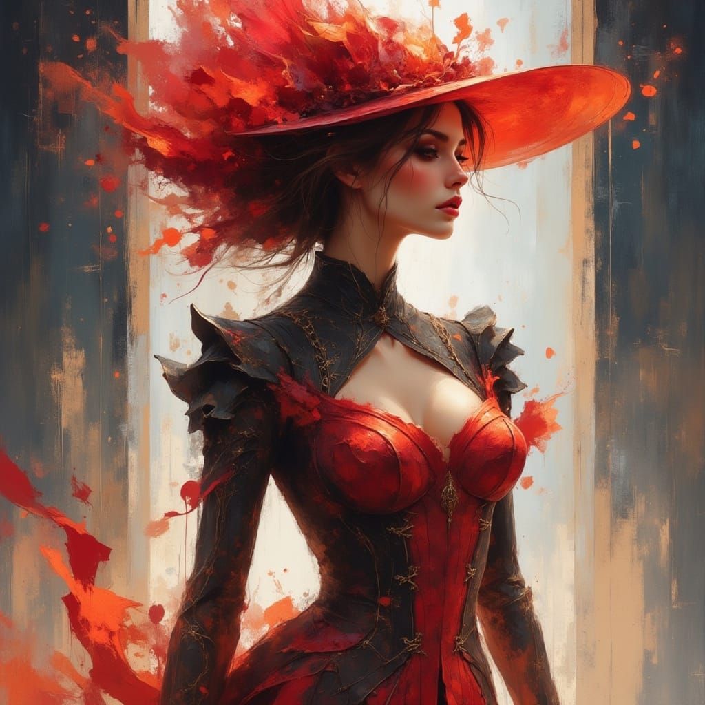 Elegant Futuristic Lady with Fiery Hair in Anime Style