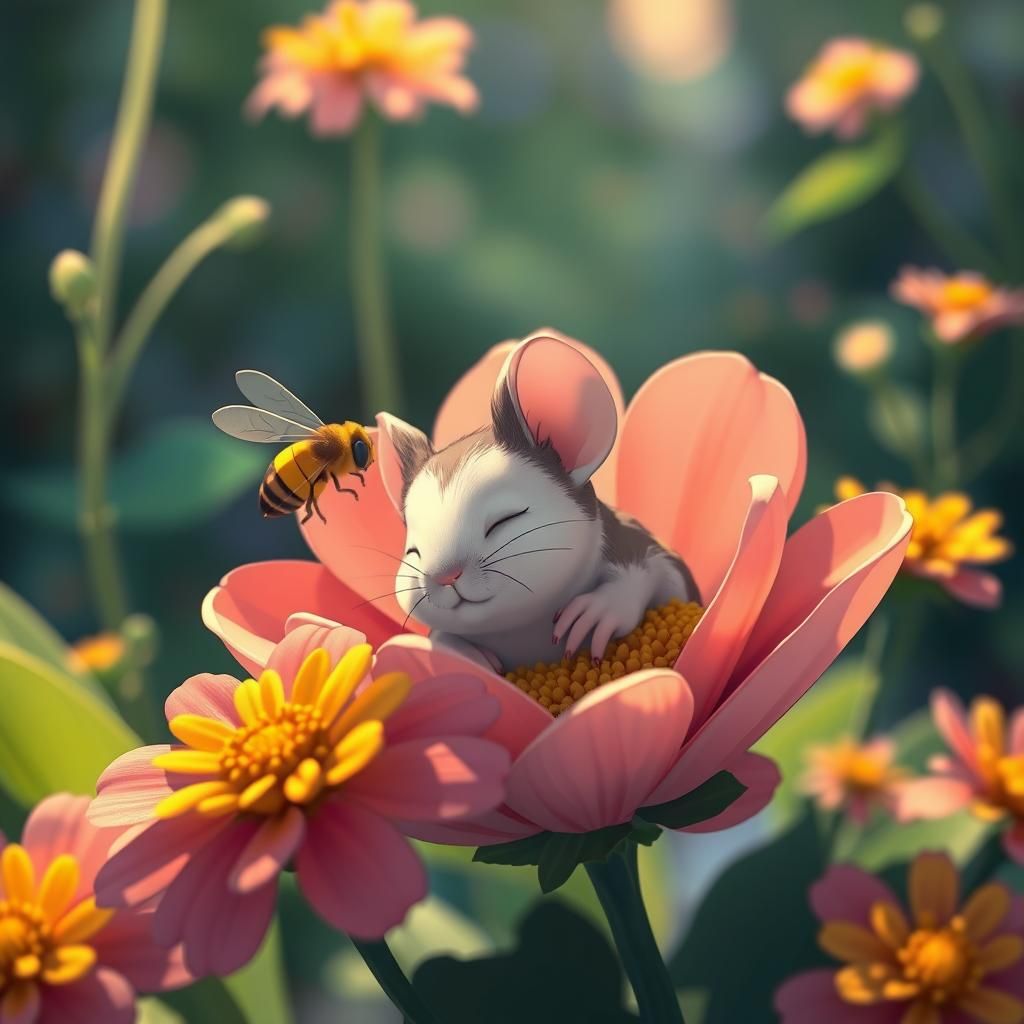 Mouse Sleeping in Flower, Anime Style