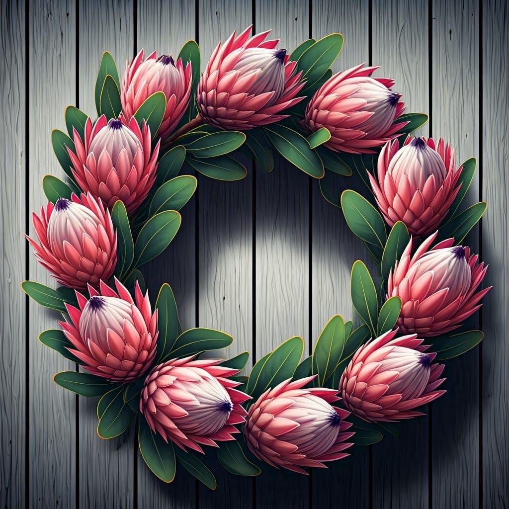 Whimsical Protea Wreath Adorns Weathered Barn Door in Abstra...