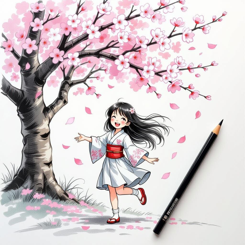 Pencil Sketch of Girl Twirling Under Cherry Blossoms