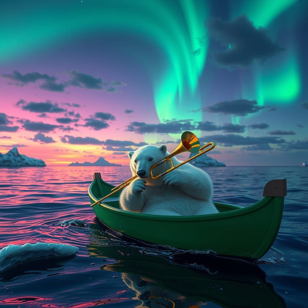 Arctic Trombone Serenade: Surreal Polar Bear Performance