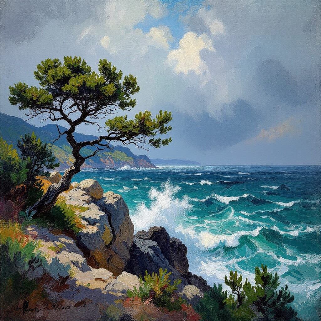Impressionist Mountain View Overlooking Stormy Seaside Cliff...