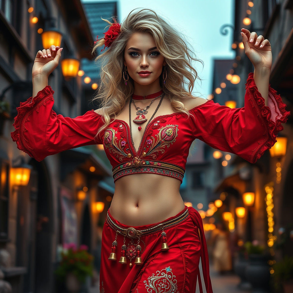 Mystical Gypsy Dancer in Medieval Street, Digital Art