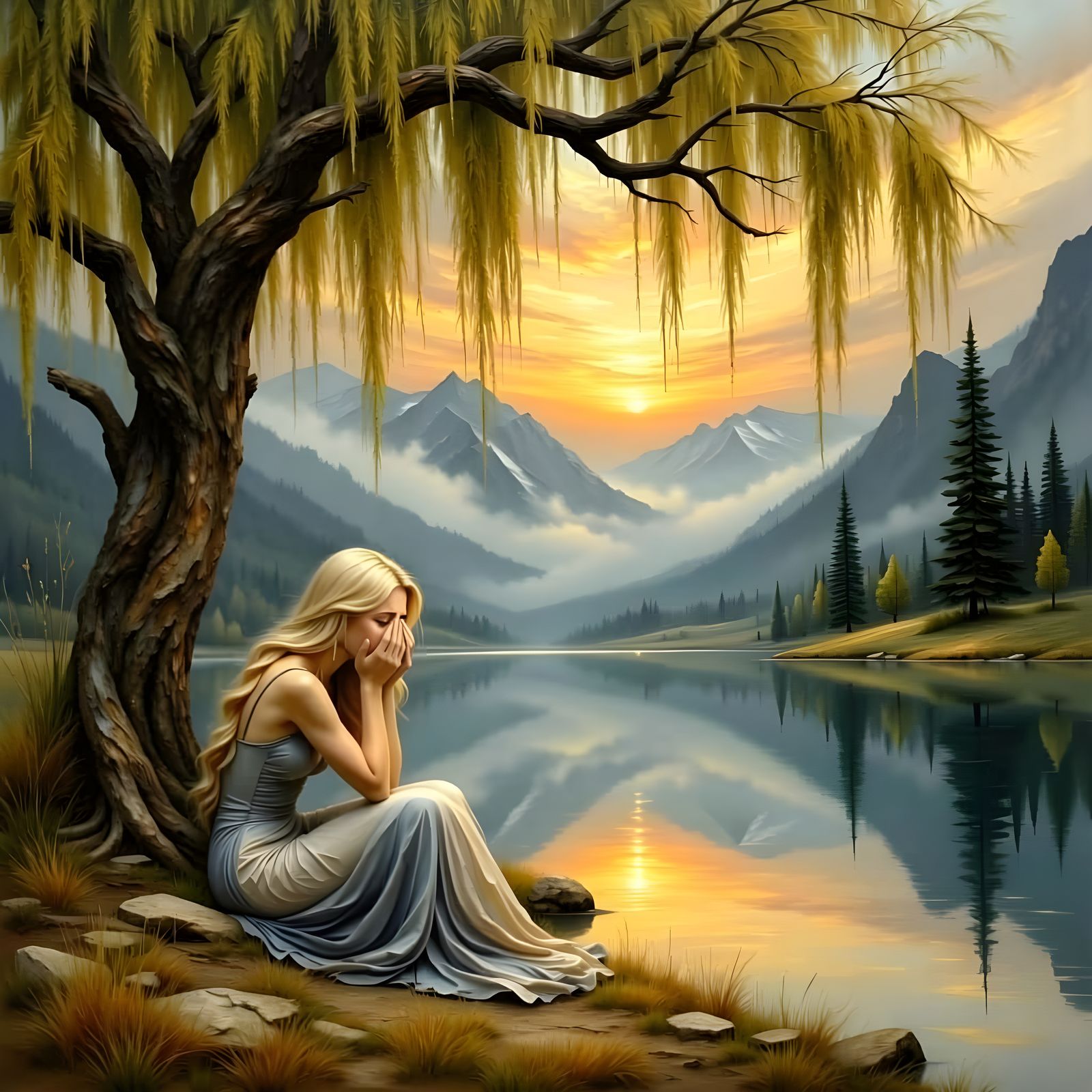 Woman Crying Under Weeping Willow Lake Sunset Oil Painting