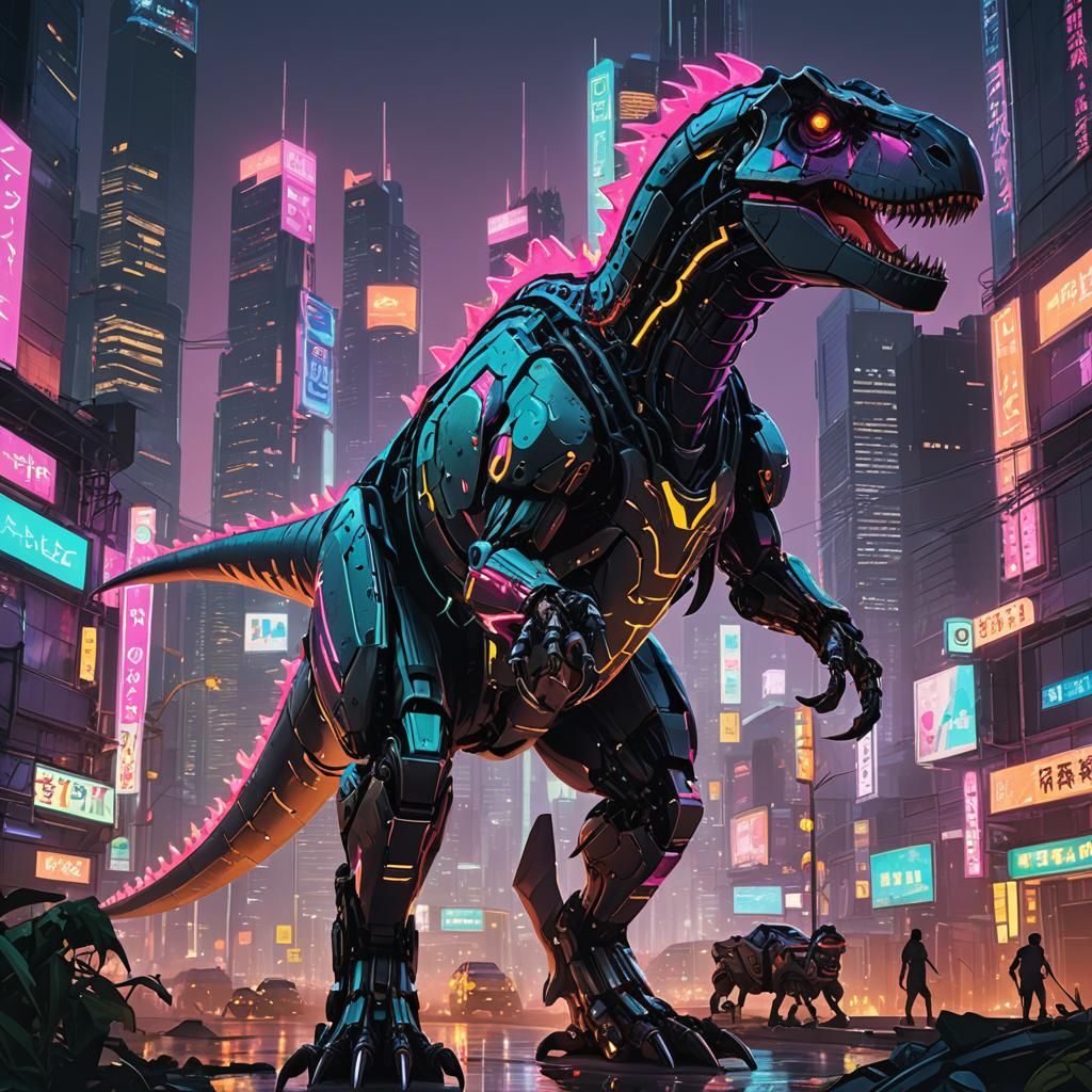 T-Rex Cyberpunk Transformation in Neon Cityscape