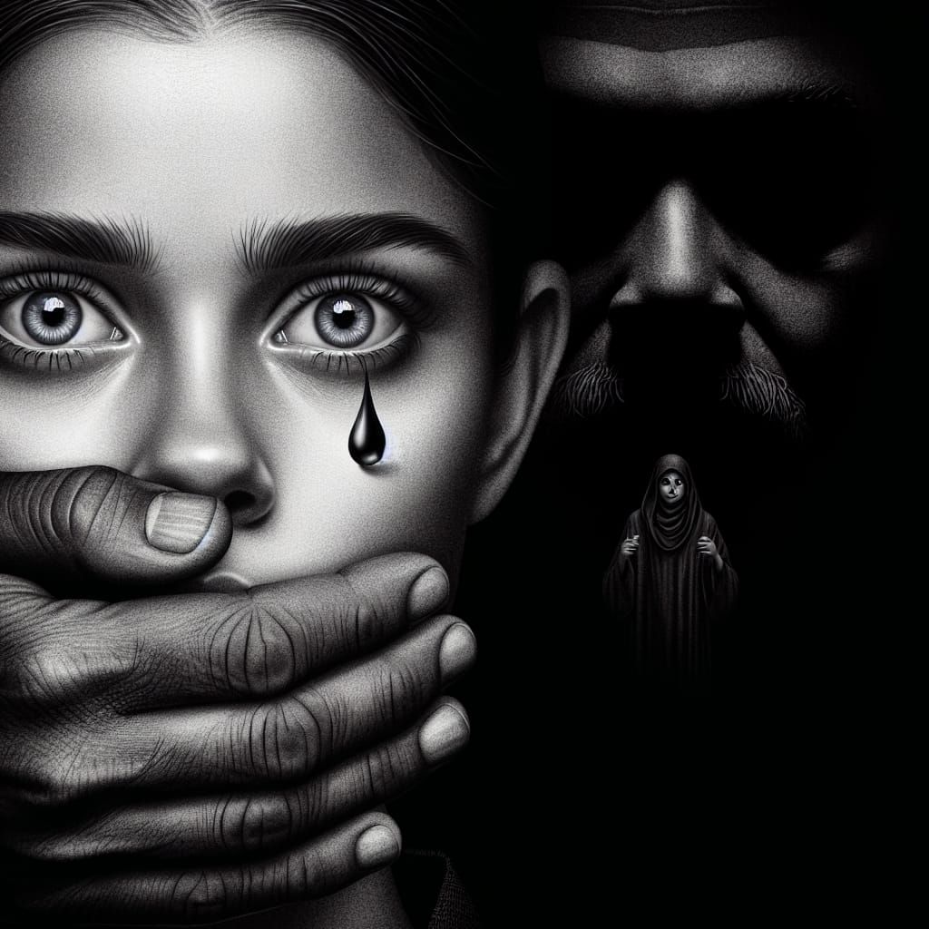 Woman's Face Expressing Fear, Hand Over Mouth