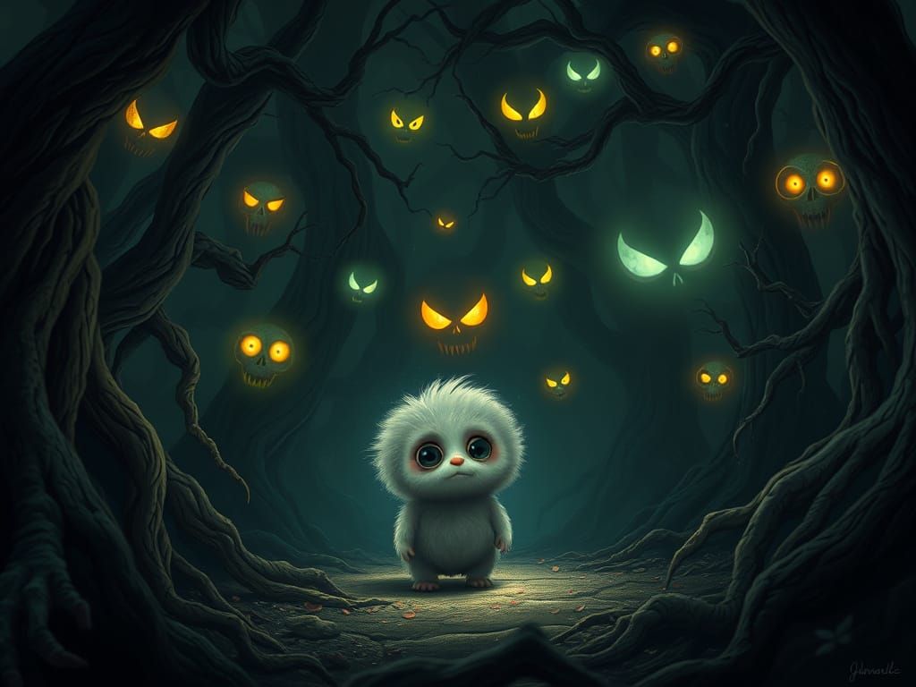 Frozen in Fear: A Whimsical Creature Confronts the Darkness