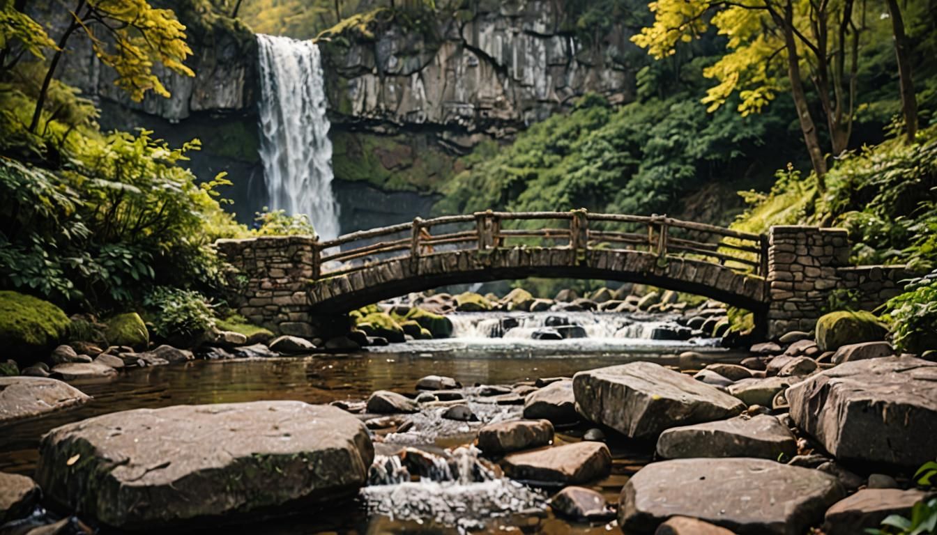 Rustic Stone Bridge Near Waterfall in Natural Light