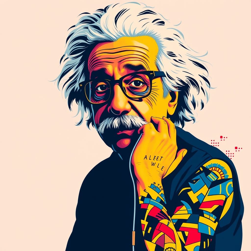 Albert Einstein in Bold Pop Art Style with Geometric Tattoos