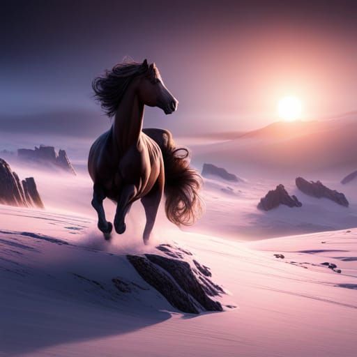 Magical Friesian horse atop a misty snowy knoll in a breezy morning sunrise