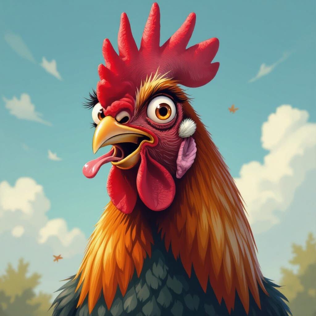 Whimsical Rooster with Crooked Beak in Surrealist Style