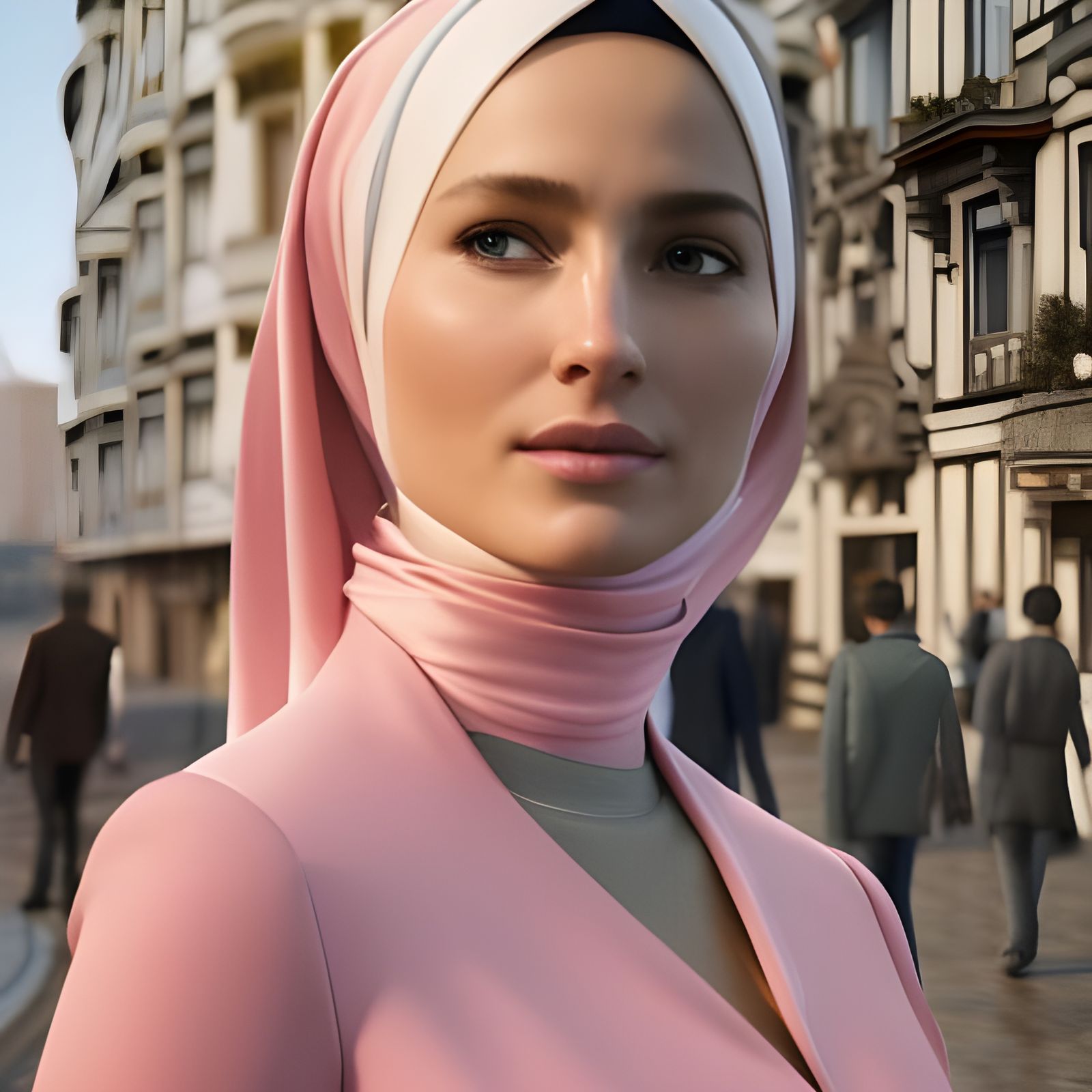 Woman in Pink Hijab in City, Hyperdetailed Portrait