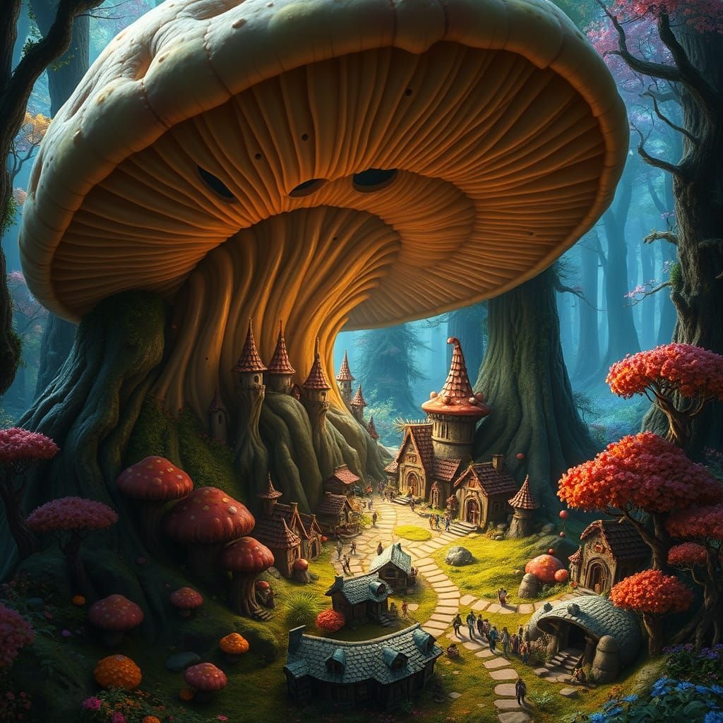 Whimsical Village Within a Giant Mushroom in Hyperrealistic ...