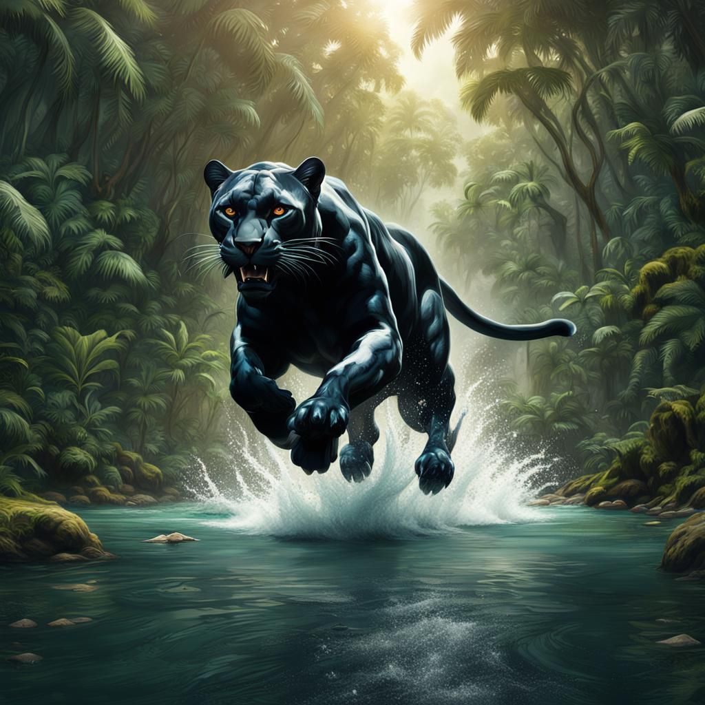 Panther Leaping Through Jungle: Digital Matte Painting