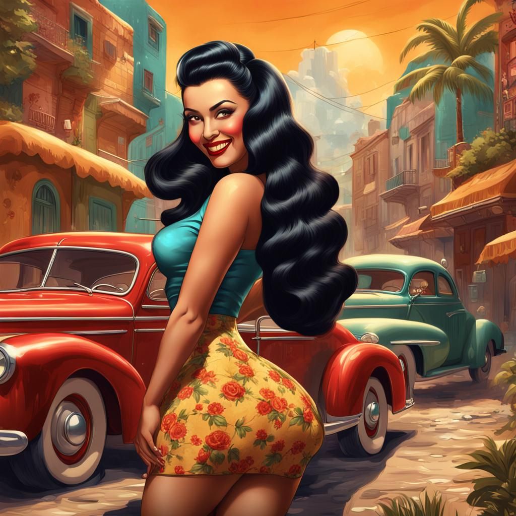 Voluptuous Latina Pinup Illustration in 1940s Style