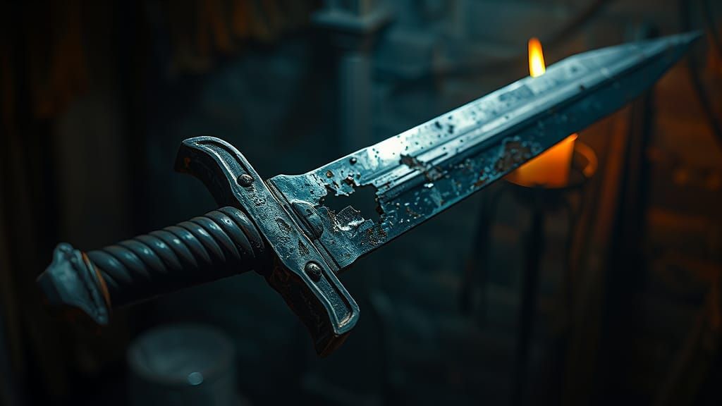 Battle-Scarred Warrior's Broken Sword in Dark Fantasy Style