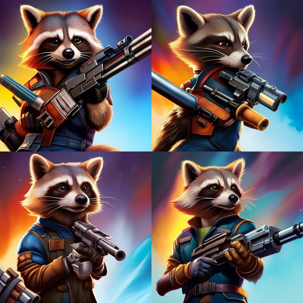 Hyperrealistic Rocket Raccoon with Gun, Splash Art