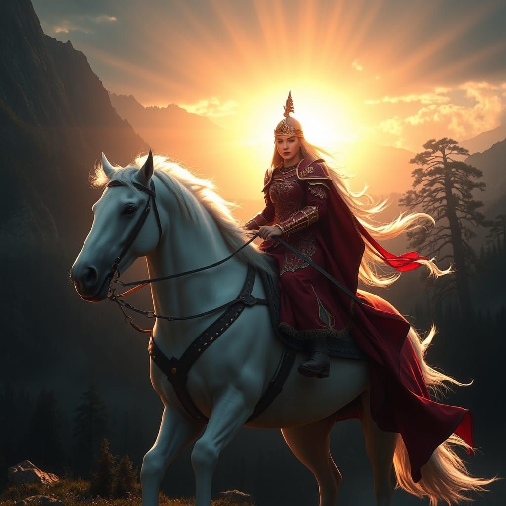 Regal Girl Knight in Crimson Armor Rides White Stallion Thro...
