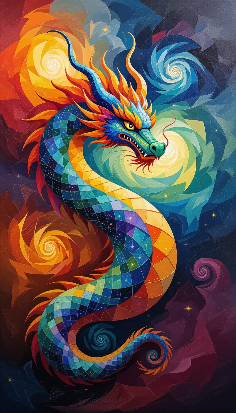Cosmic Dragon of Stars in Surreal Oil Painting