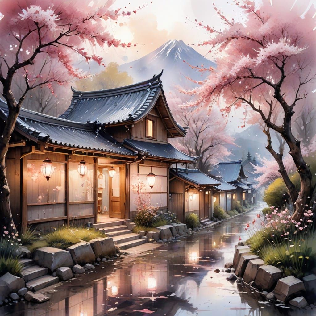 Japanese Village in Spring: Watercolor Art