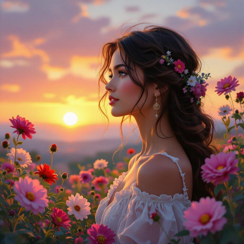 Woman Gazing at Sunset Amidst Blooming Flowers