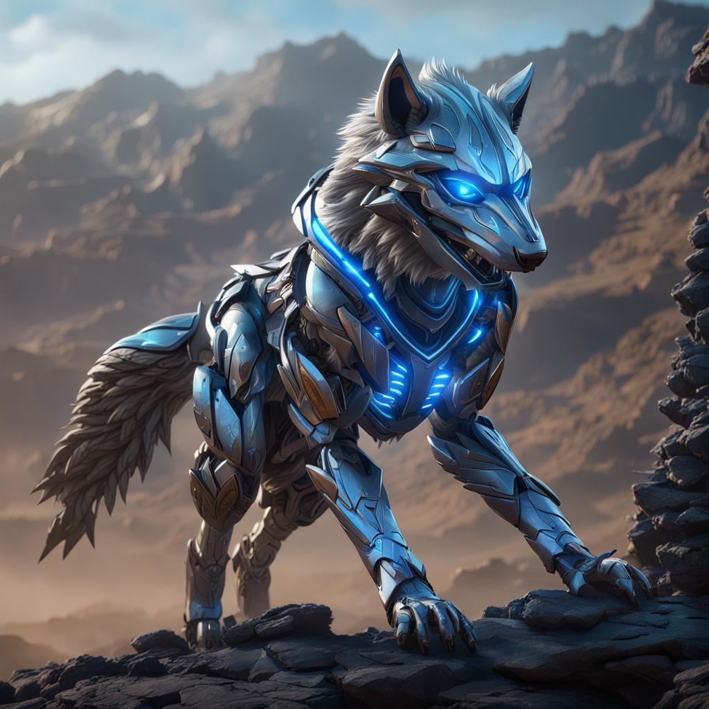 Robotic Silver Wolf Zord on Mountain