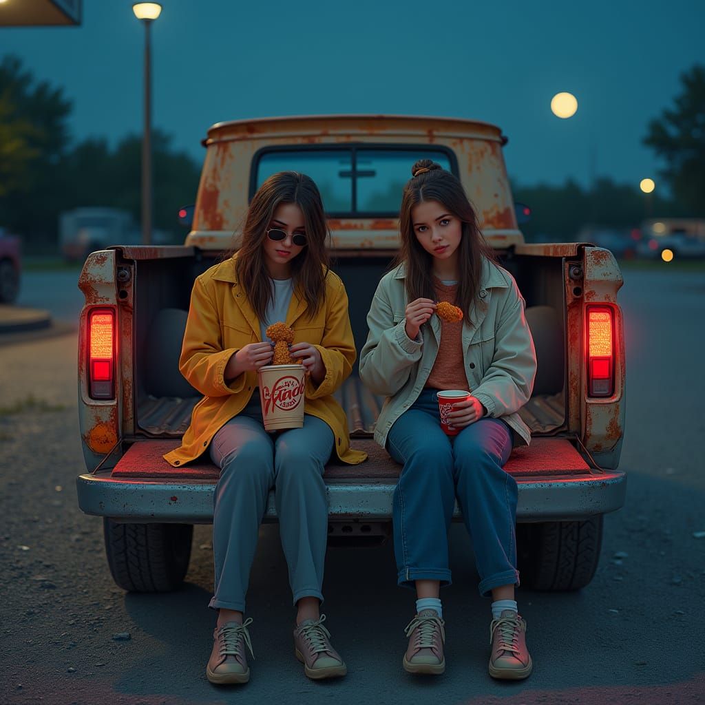 Girls Eating Fried Chicken in Hyperrealistic Style