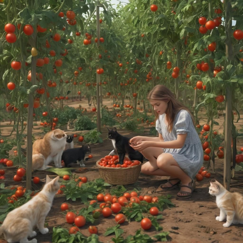 Girl Playing with Cats in Vibrant Tomato Farm