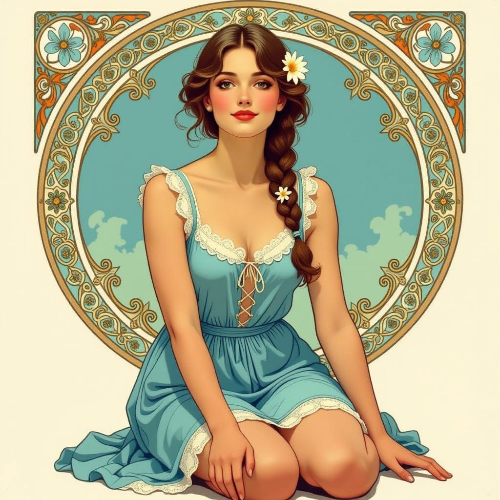 Woman in Blue Summer Dress with Floral Hair Plait