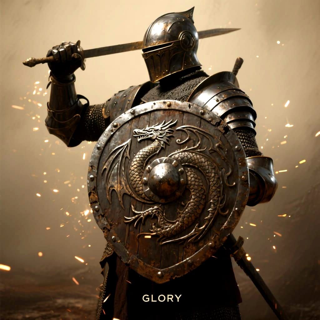 Knight's Glory: Dragon Shield in Chiaroscuro Style
