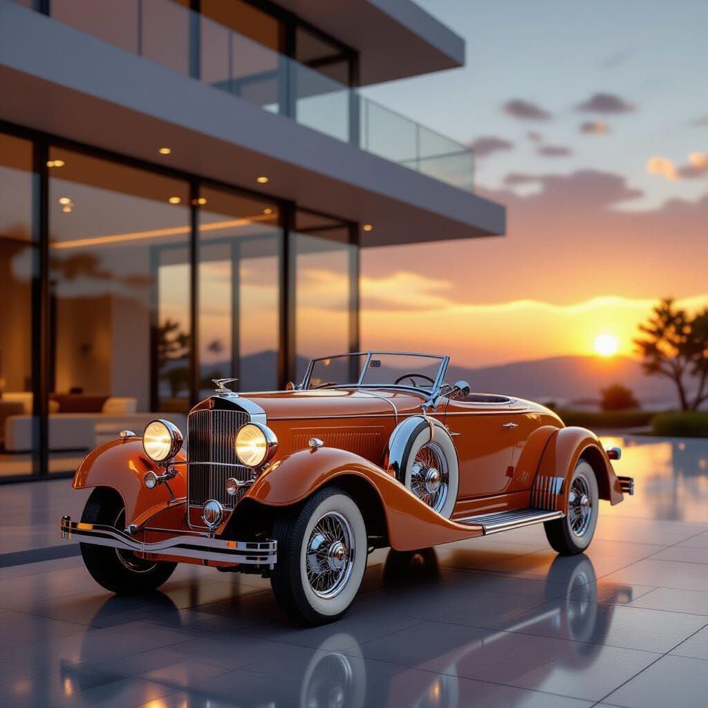1929 Cord Cabriolet Parked by Modern Building at Sunset