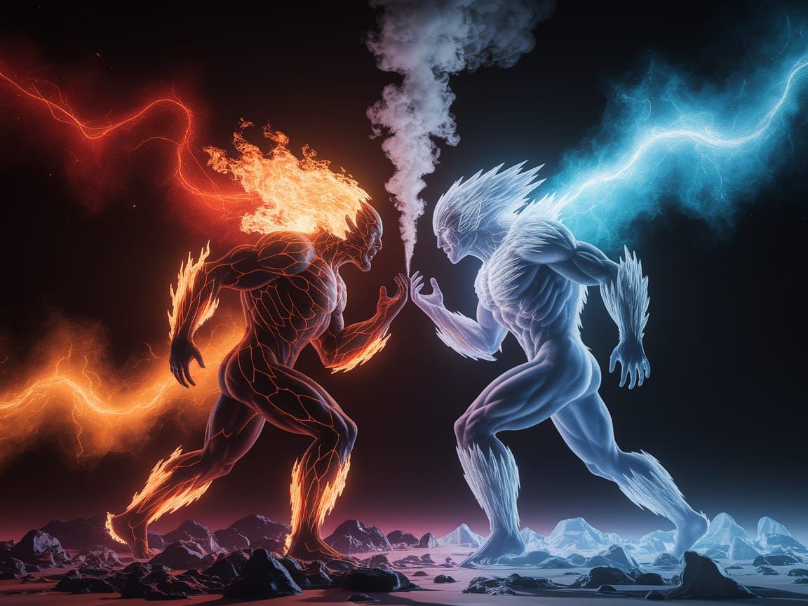 Fire and Ice Elemental Battle in Cosmic Art