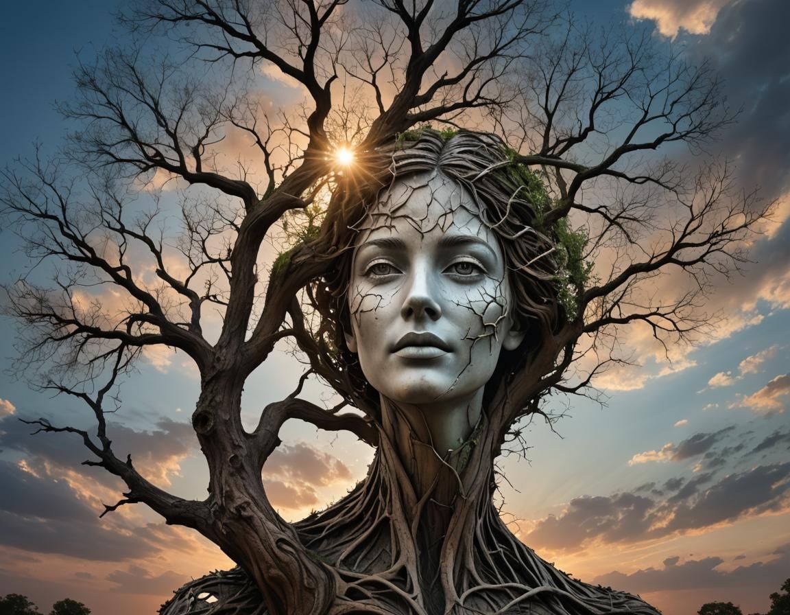 Surreal Woman Blends with Nature in Twilight Sky