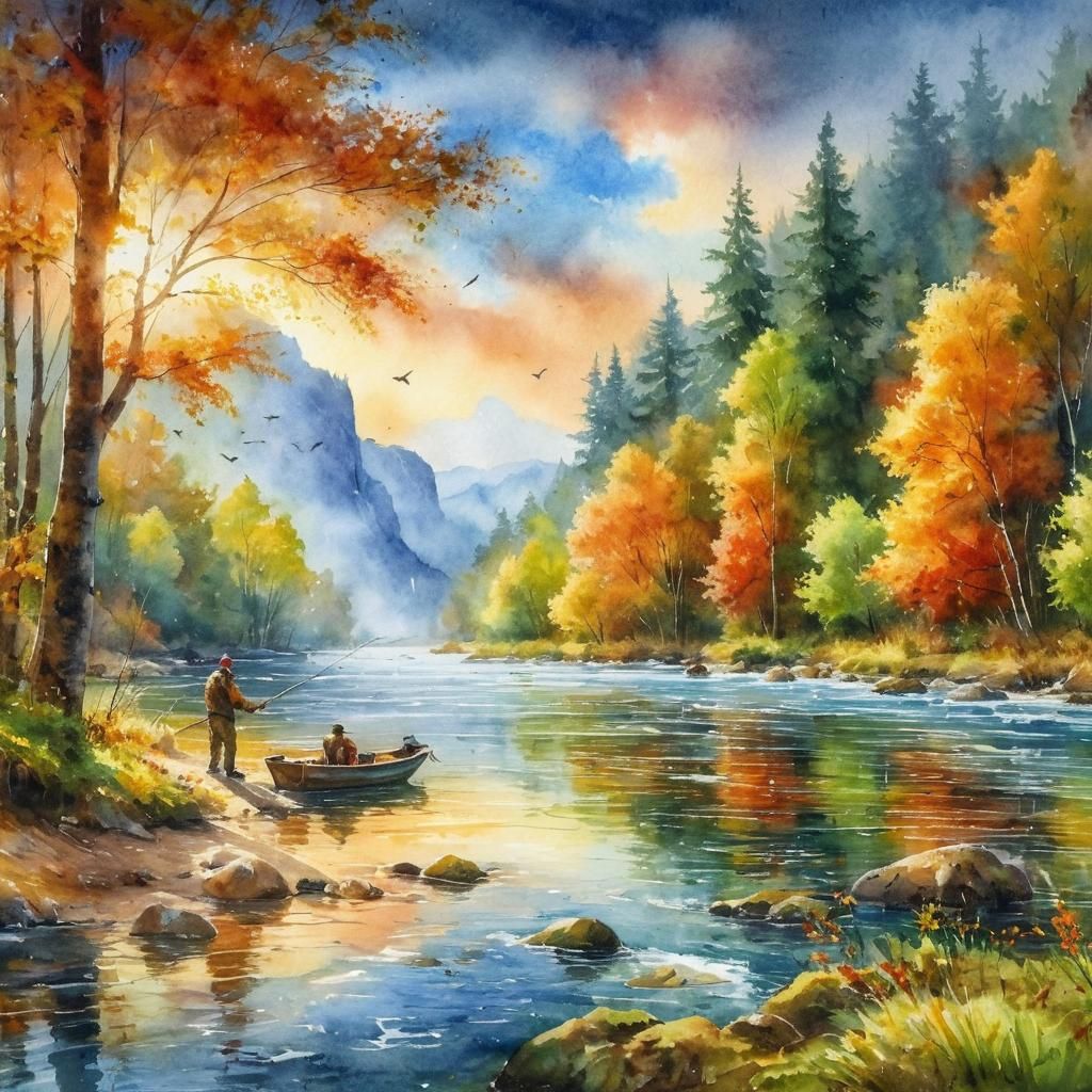 Watercolor River Scene with Fisherman in Autumn