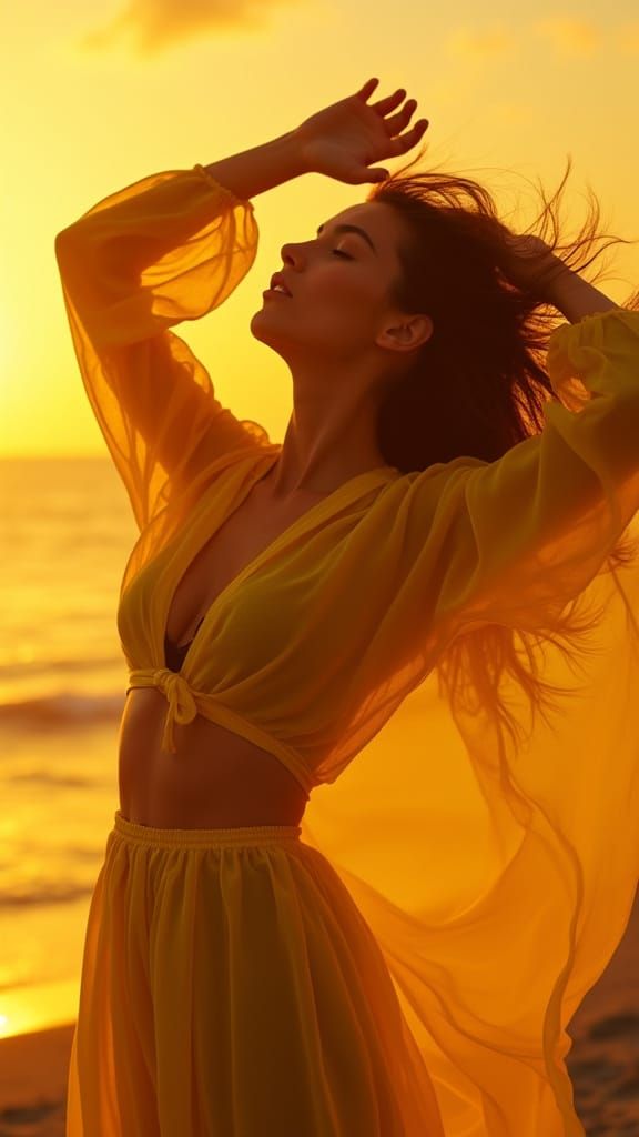 Woman Bathed in Golden Light, Hyper-Realistic Detail