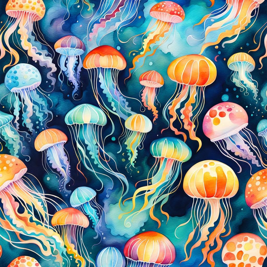 A pattern of cutie jellyfishes  in watercolor detailed paint...