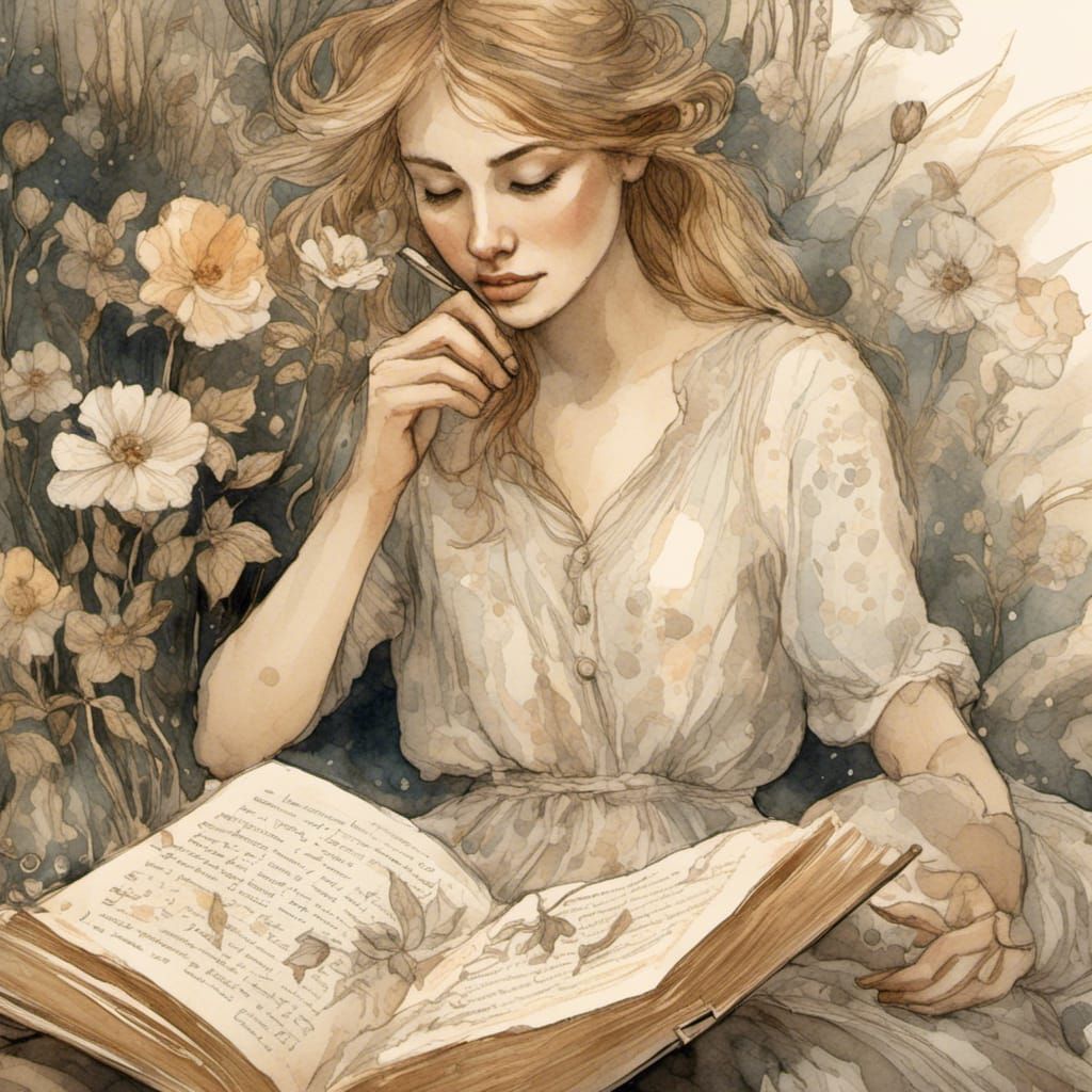 Romantic Watercolor Illustration of Reader Surrounded by Flo...