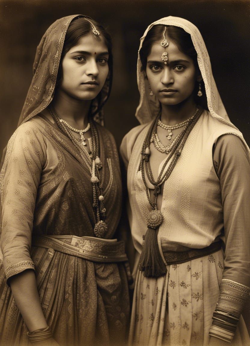 Vintage-Style Portrait of Women in Traditional Clothing