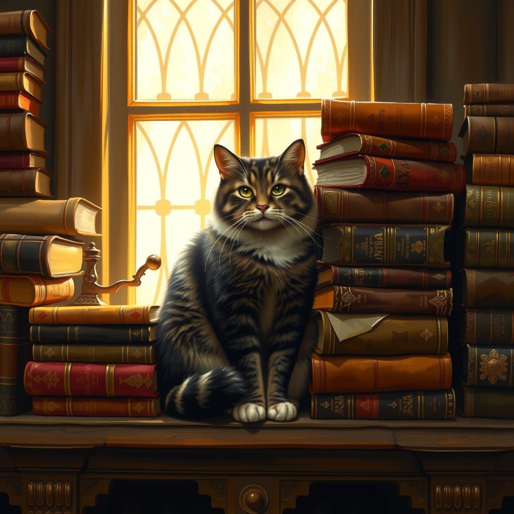 Cozy Library Cat Scene in Warm Golden Light