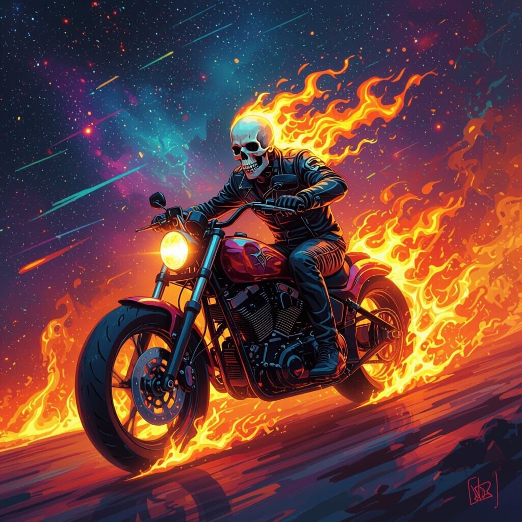 Flaming Skull Rider on Fire Bike in Space