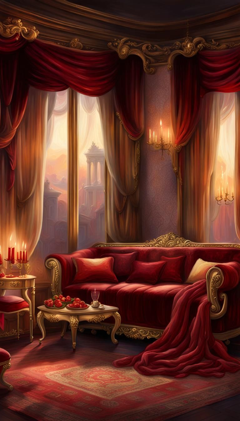 Opulent Red Velvet Room with Golden Accents
