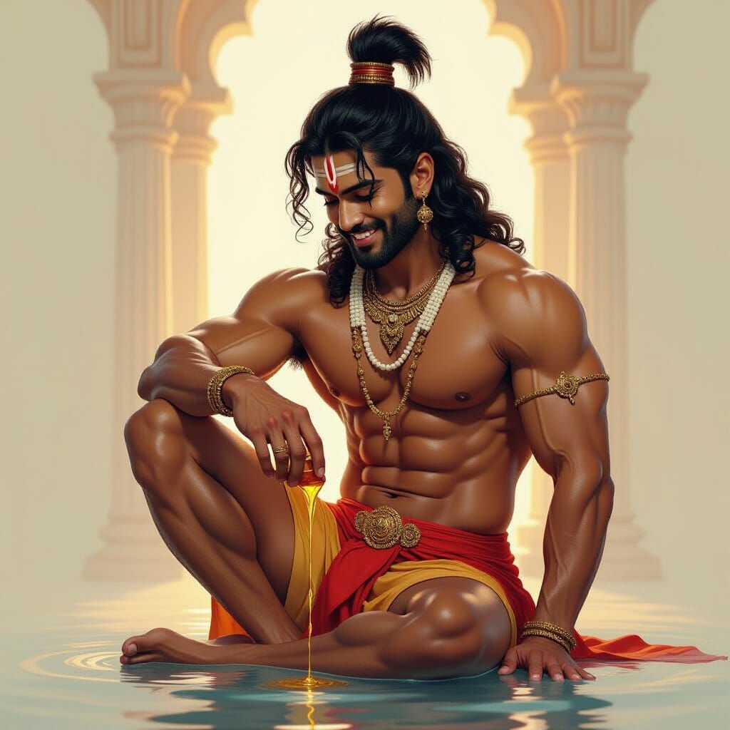 Hindu God Kartikeya Applying Oil Sensually