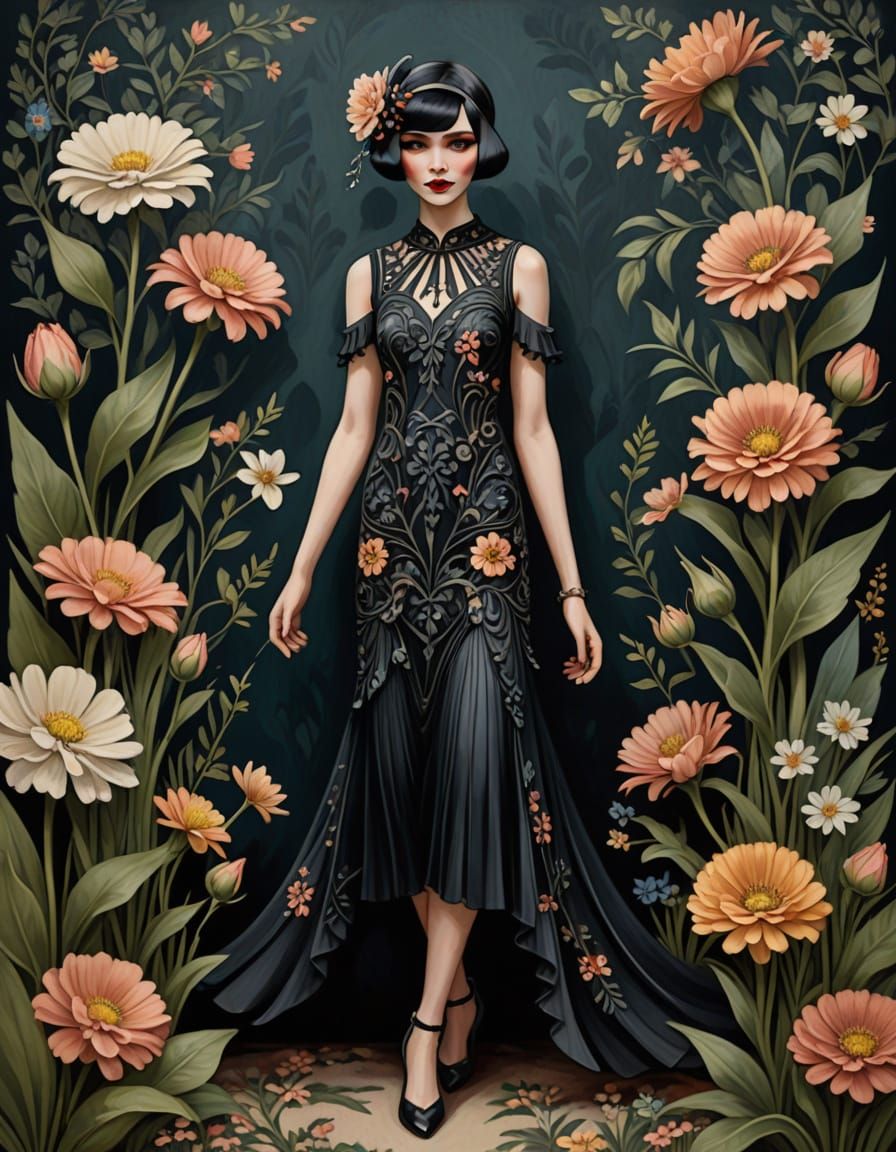 Surreal Floral Flapper in Art Deco Style