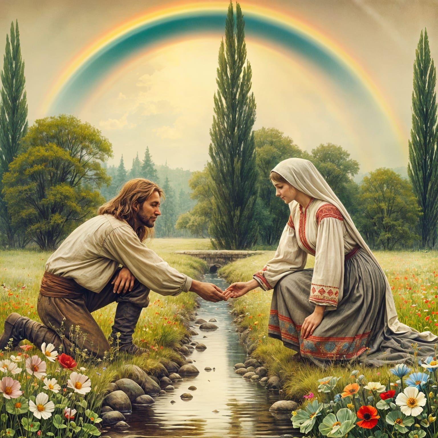 Fairy Tale Illustration of Couple Reaching Across Creek