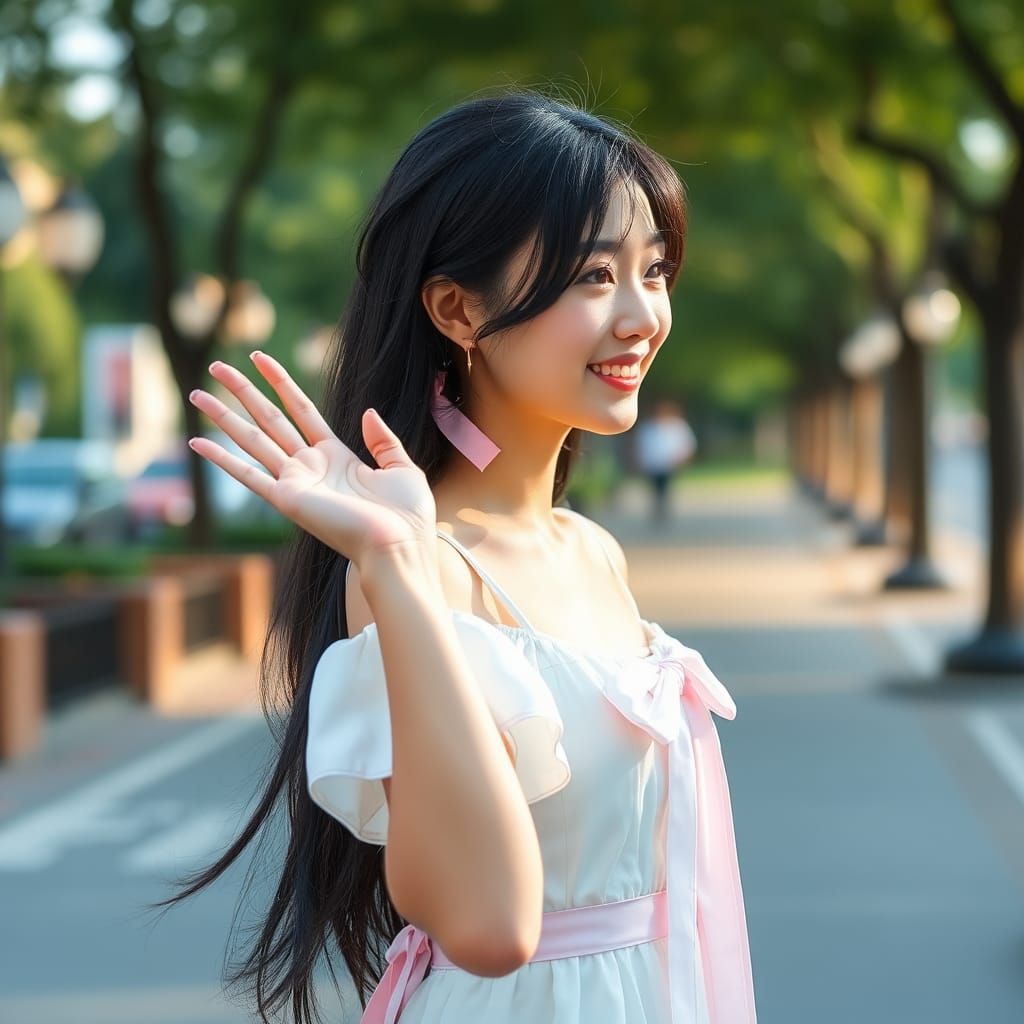 Japanese Girl in City Park Fashion Photoshoot