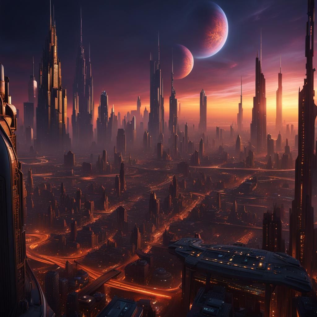 Coruscant Dusk: Detailed Matte Painting in 8K
