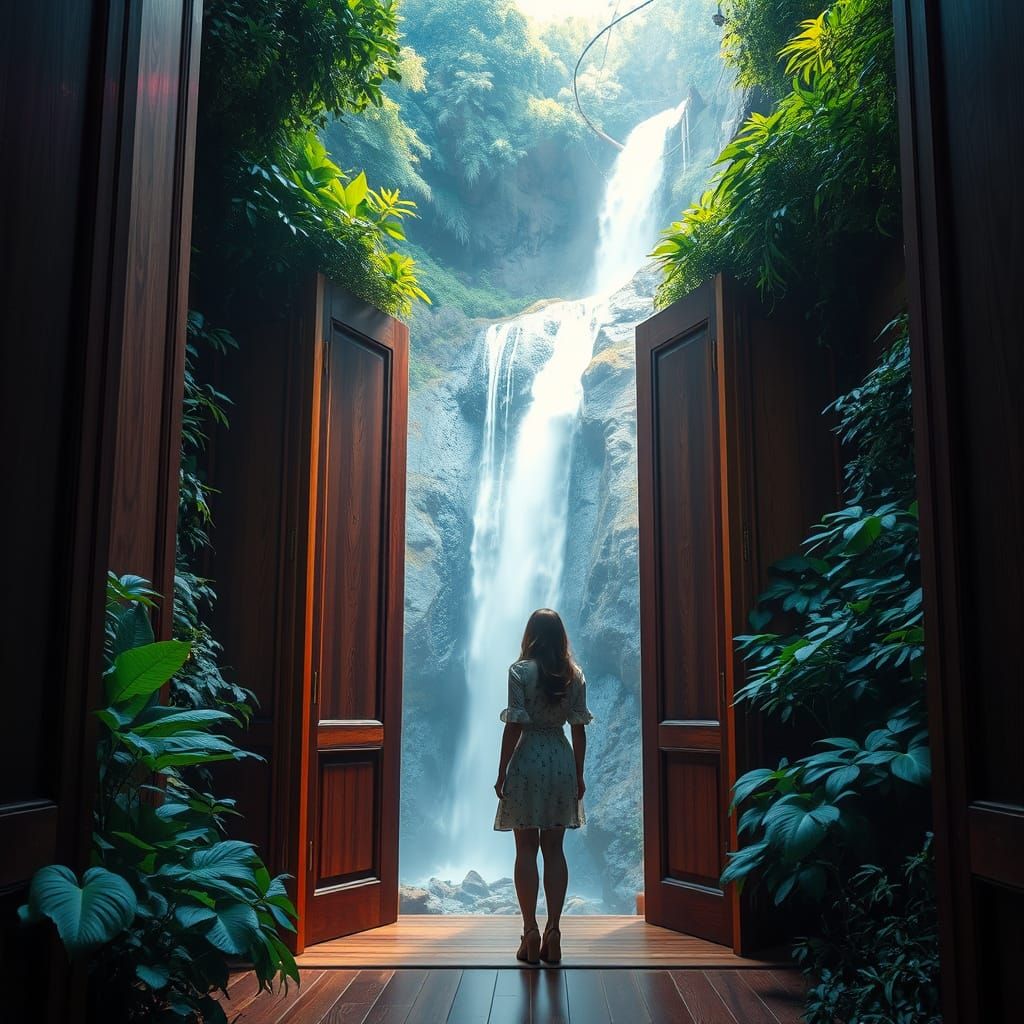 Luminous Waterfall Scene Inside Wooden Wardrobe