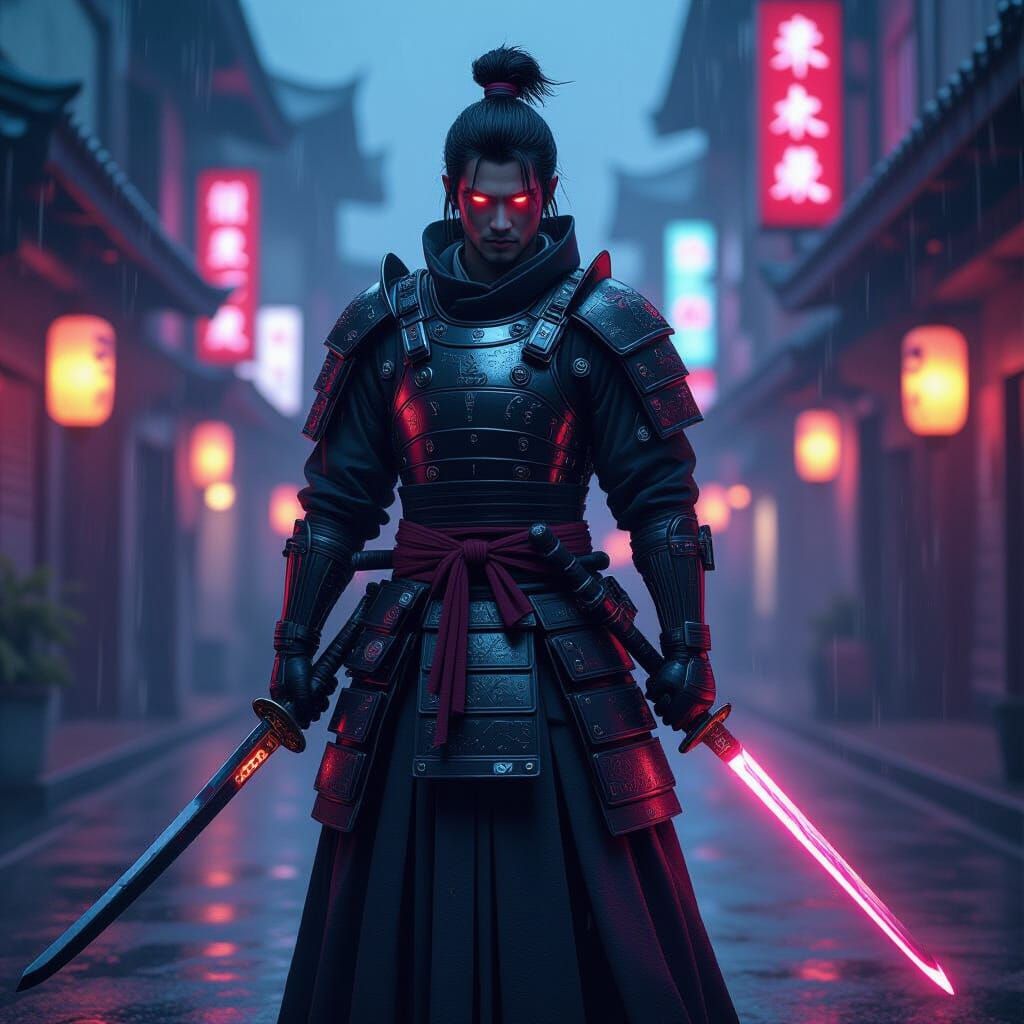 Cyberpunk Samurai Warrior in Neon Rain